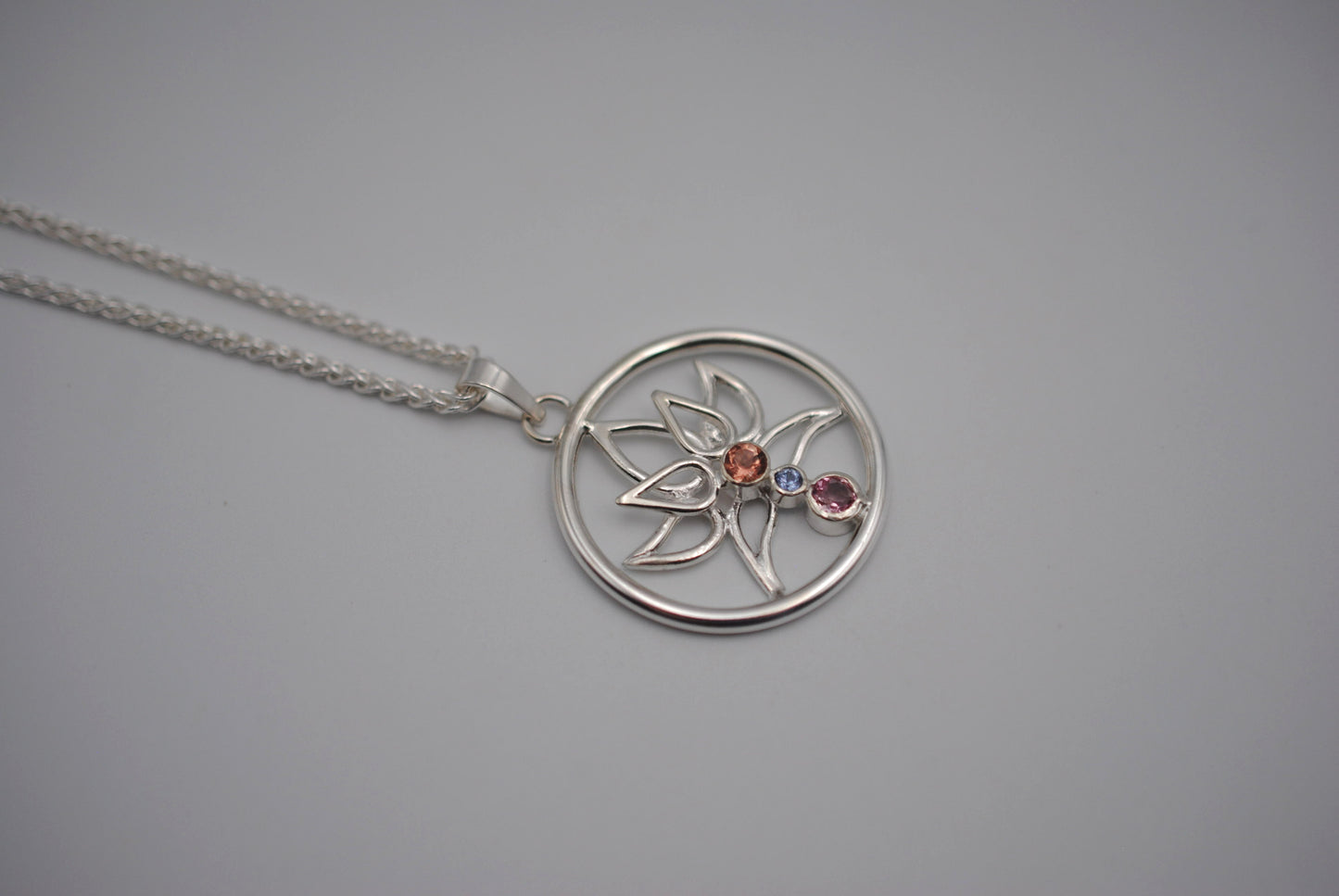 Indicolite Tourmaline and Nigerian Sapphire Lotus Pendant Necklace on Wheat Chain