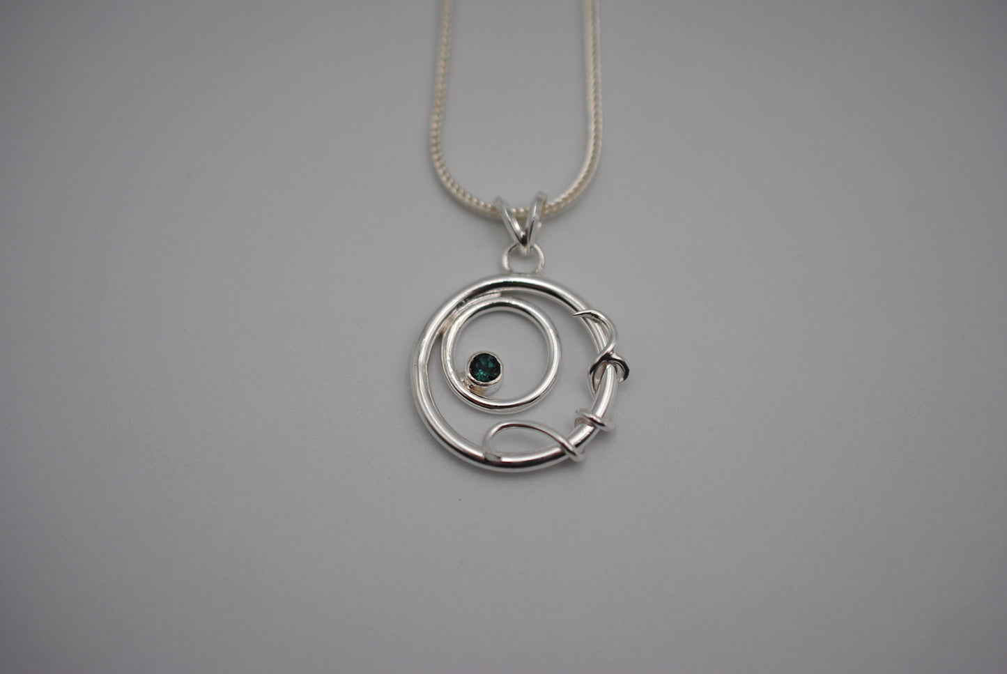 Indicolite Tourmaline on Circle and Vine Pendant Necklace on Fox Tail Chain