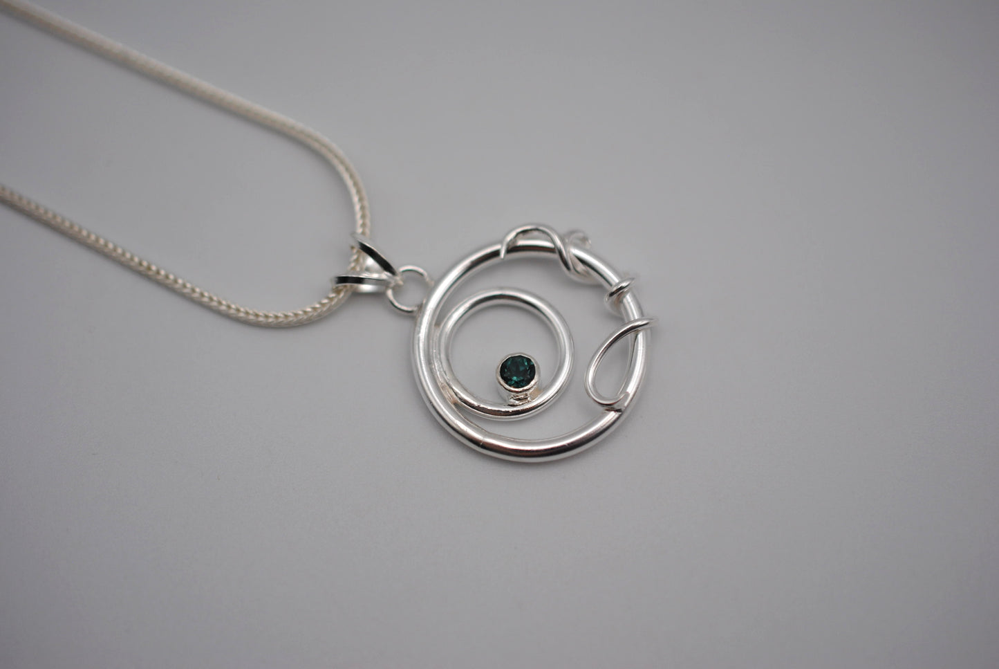 Indicolite Tourmaline on Circle and Vine Pendant Necklace on Fox Tail Chain