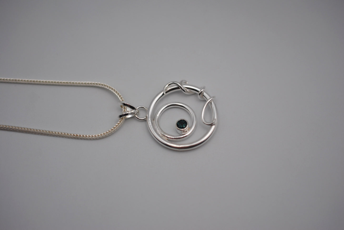 Indicolite Tourmaline on Circle and Vine Pendant Necklace on Fox Tail Chain