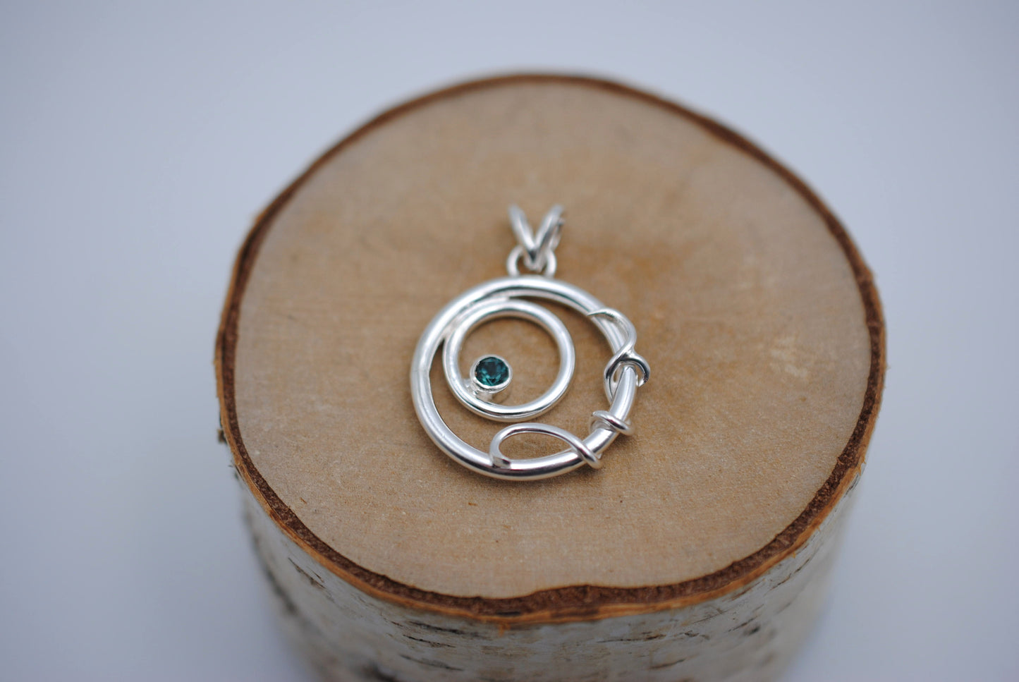Indicolite Tourmaline on Circle and Vine Pendant Necklace on Fox Tail Chain