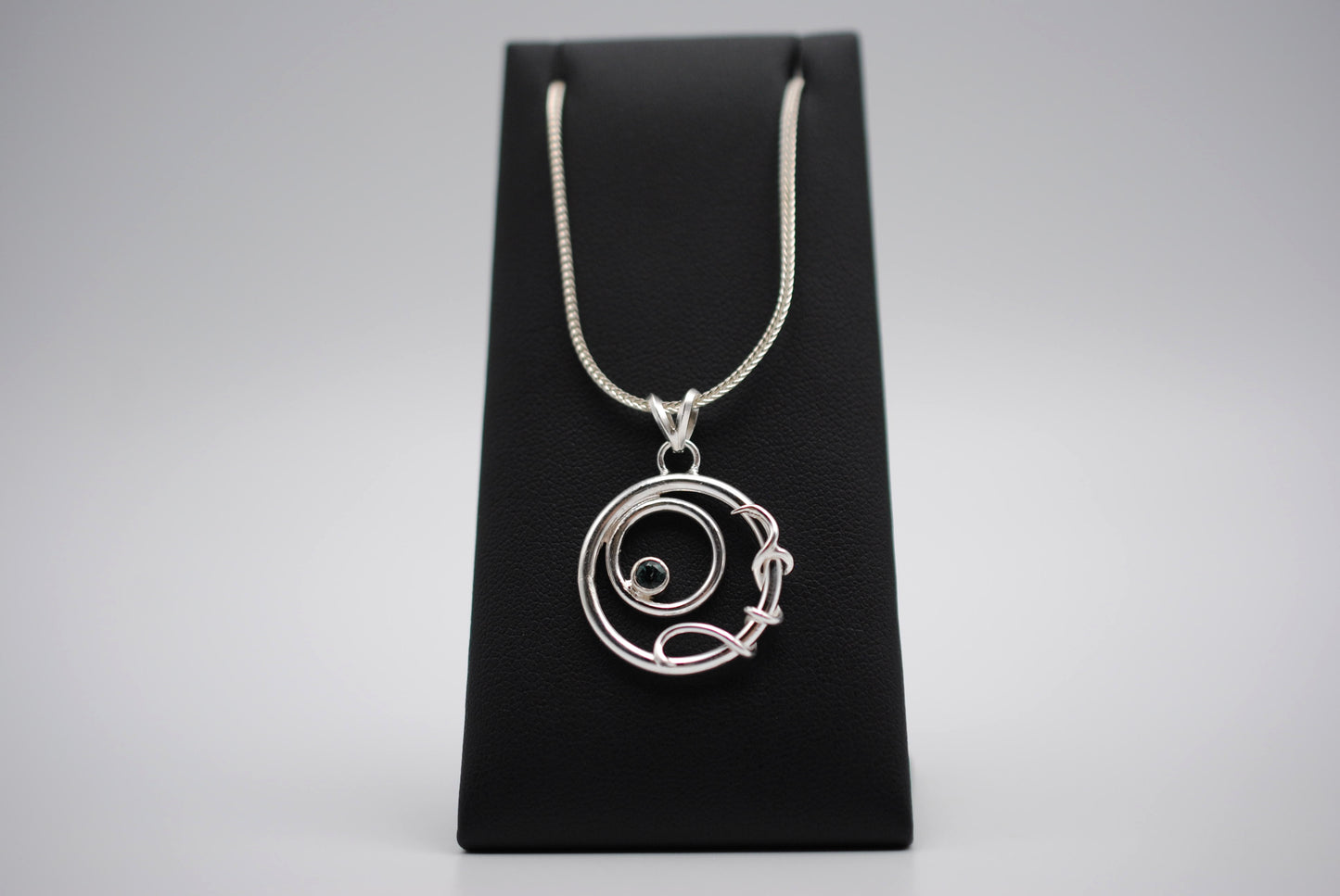 Indicolite Tourmaline on Circle and Vine Pendant Necklace on Fox Tail Chain