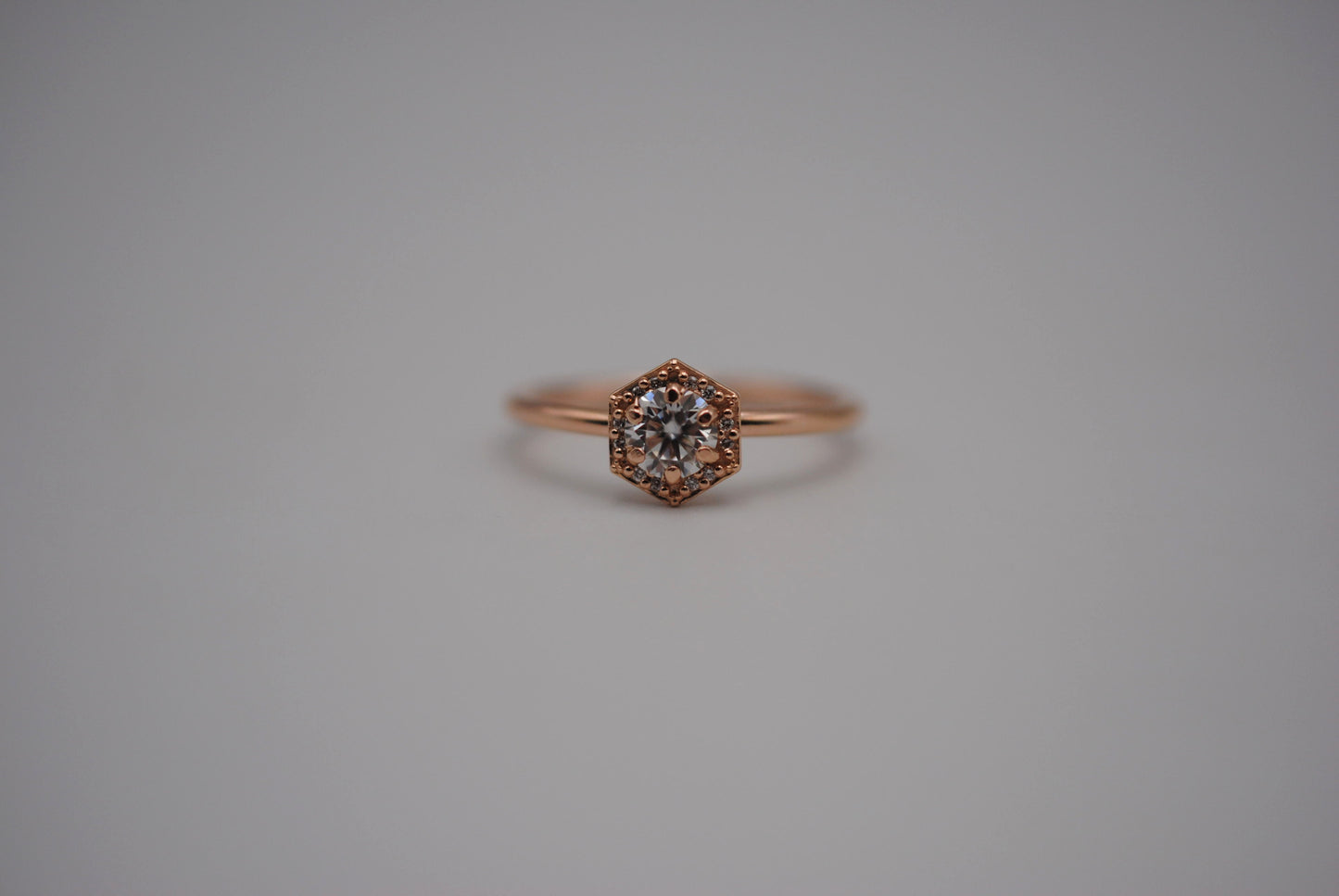 Moissanite Ring: Round Cut, Hexagon Diamond Halo, Rose Gold