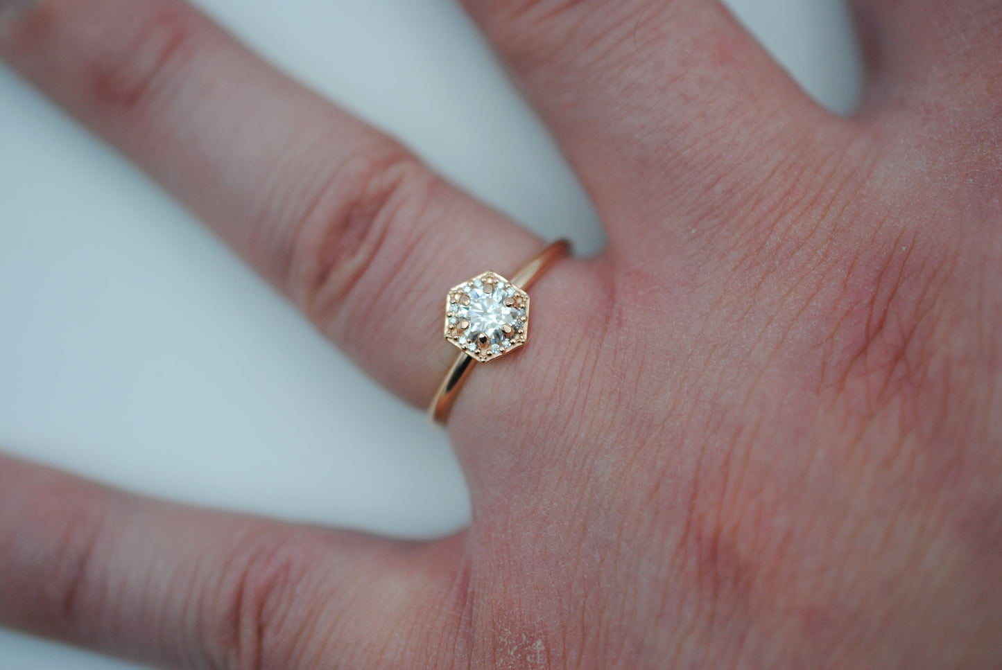 Moissanite Ring: Round Cut, Hexagon Diamond Halo, Rose Gold