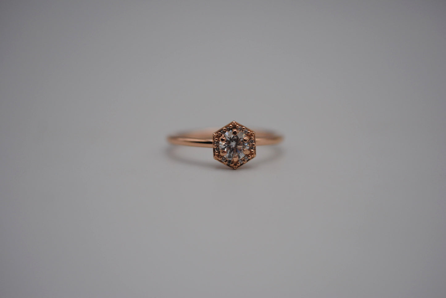 Moissanite Ring: Round Cut, Hexagon Diamond Halo, Rose Gold