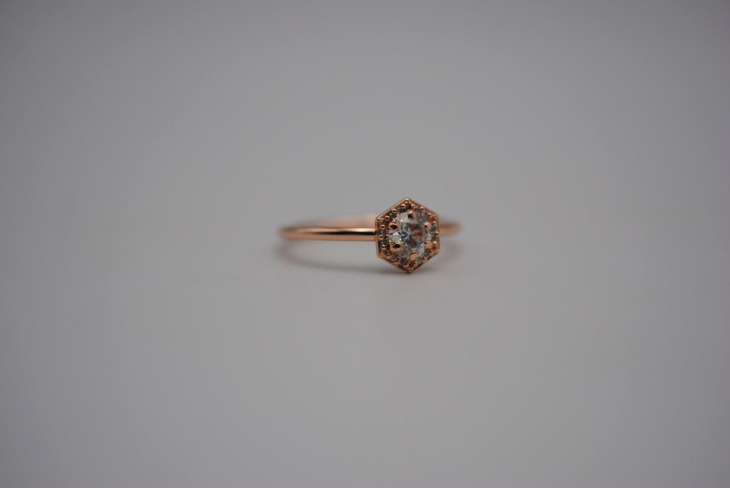 Moissanite Ring: Round Cut, Hexagon Diamond Halo, Rose Gold