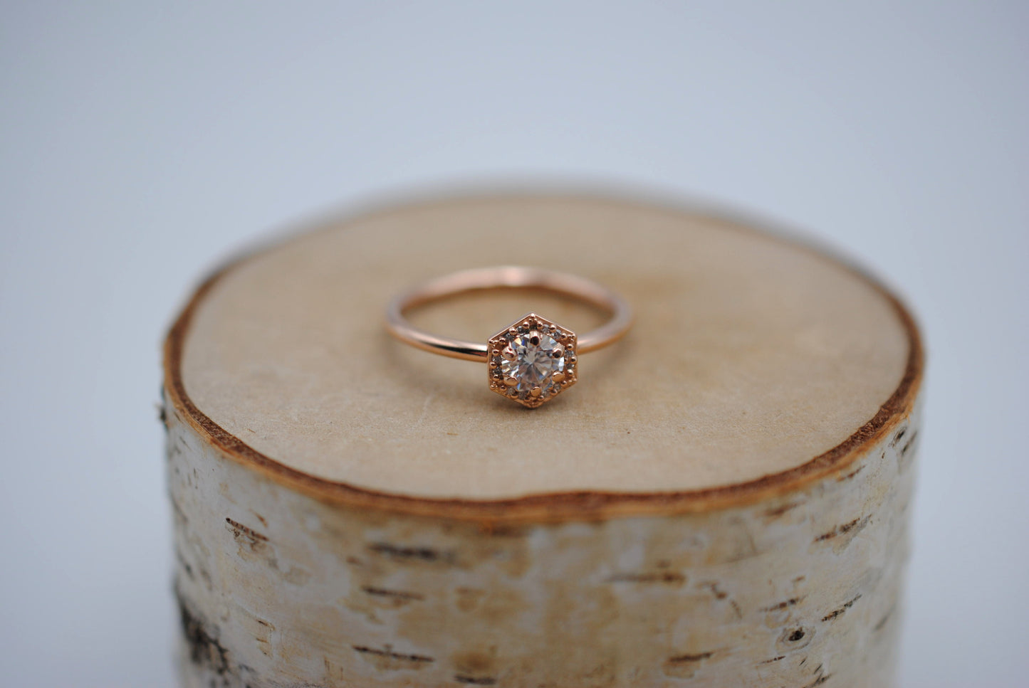 Moissanite Ring: Round Cut, Hexagon Diamond Halo, Rose Gold