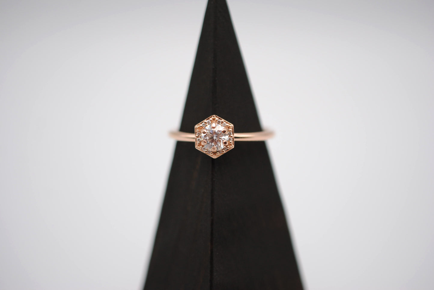 Moissanite Ring: Round Cut, Hexagon Diamond Halo, Rose Gold