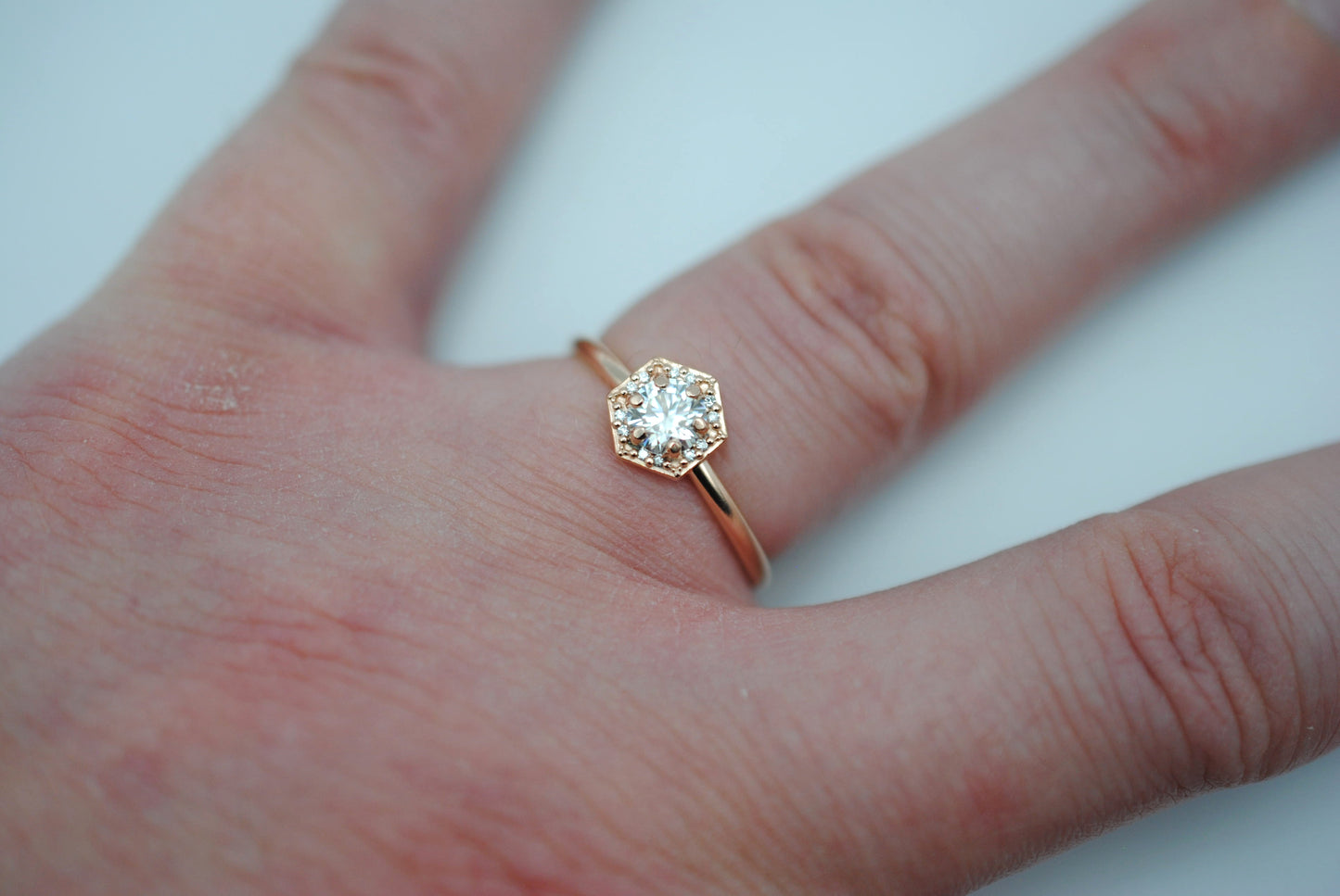 Moissanite Ring: Round Cut, Hexagon Diamond Halo, Rose Gold