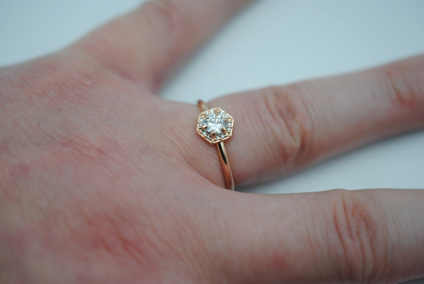 Moissanite Ring: Round Cut, Hexagon Diamond Halo, Rose Gold
