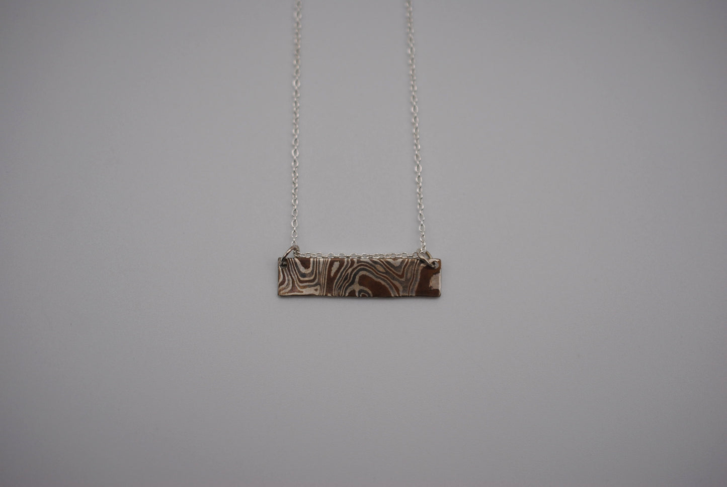 Mokume Gane Bar Necklace: Silver, Copper, and Shibuichi, Cable Chain
