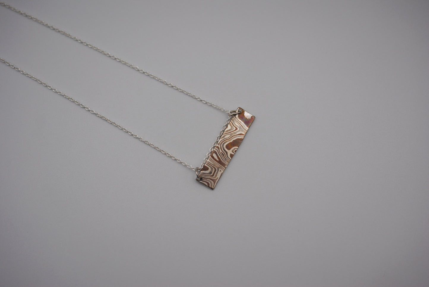 Mokume Gane Bar Necklace: Silver, Copper, and Shibuichi, Cable Chain
