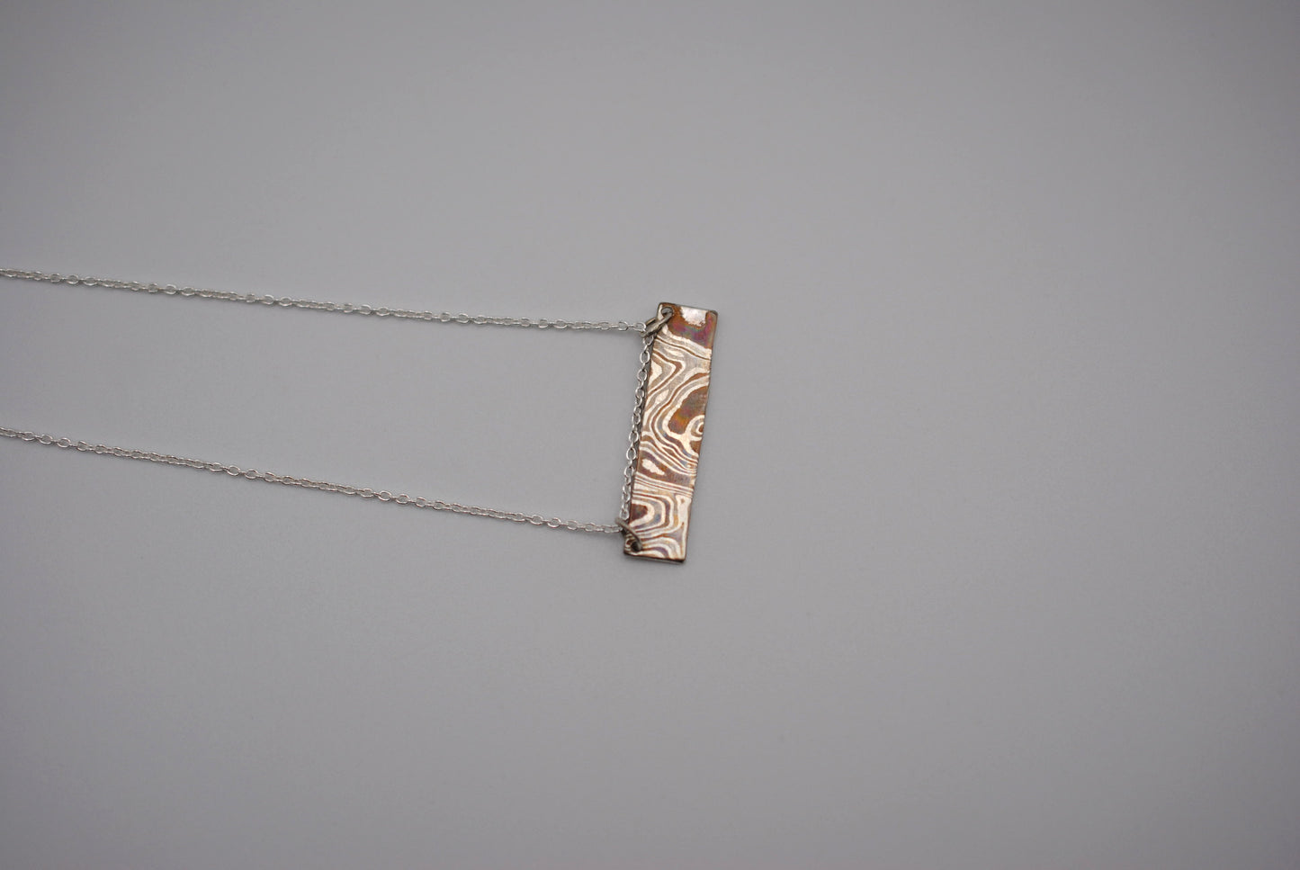 Mokume Gane Bar Necklace: Silver, Copper, and Shibuichi, Cable Chain