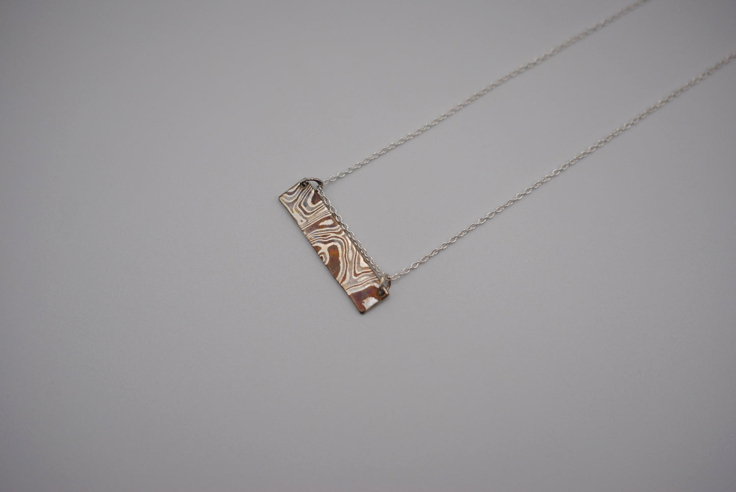 Mokume Gane Bar Necklace: Silver, Copper, and Shibuichi, Cable Chain