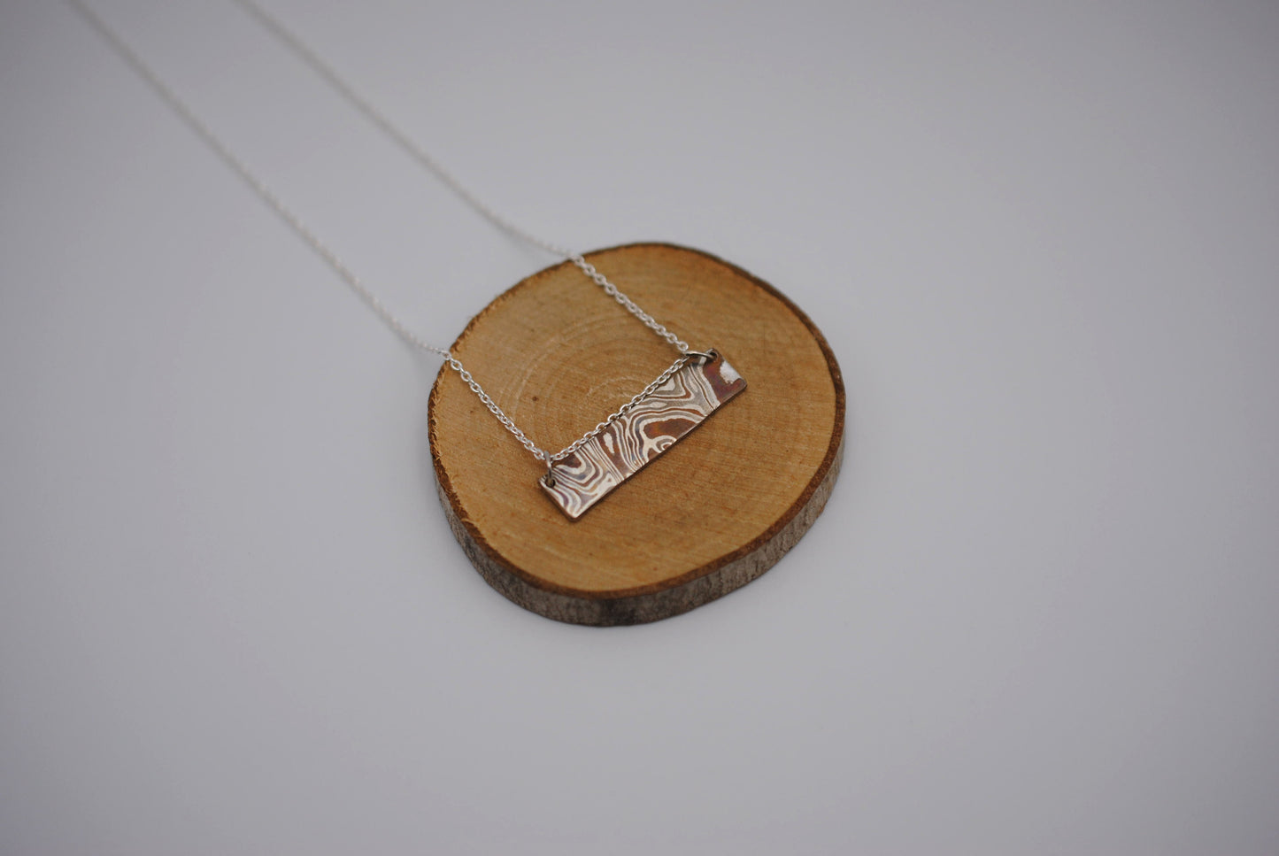 Mokume Gane Bar Necklace: Silver, Copper, and Shibuichi, Cable Chain