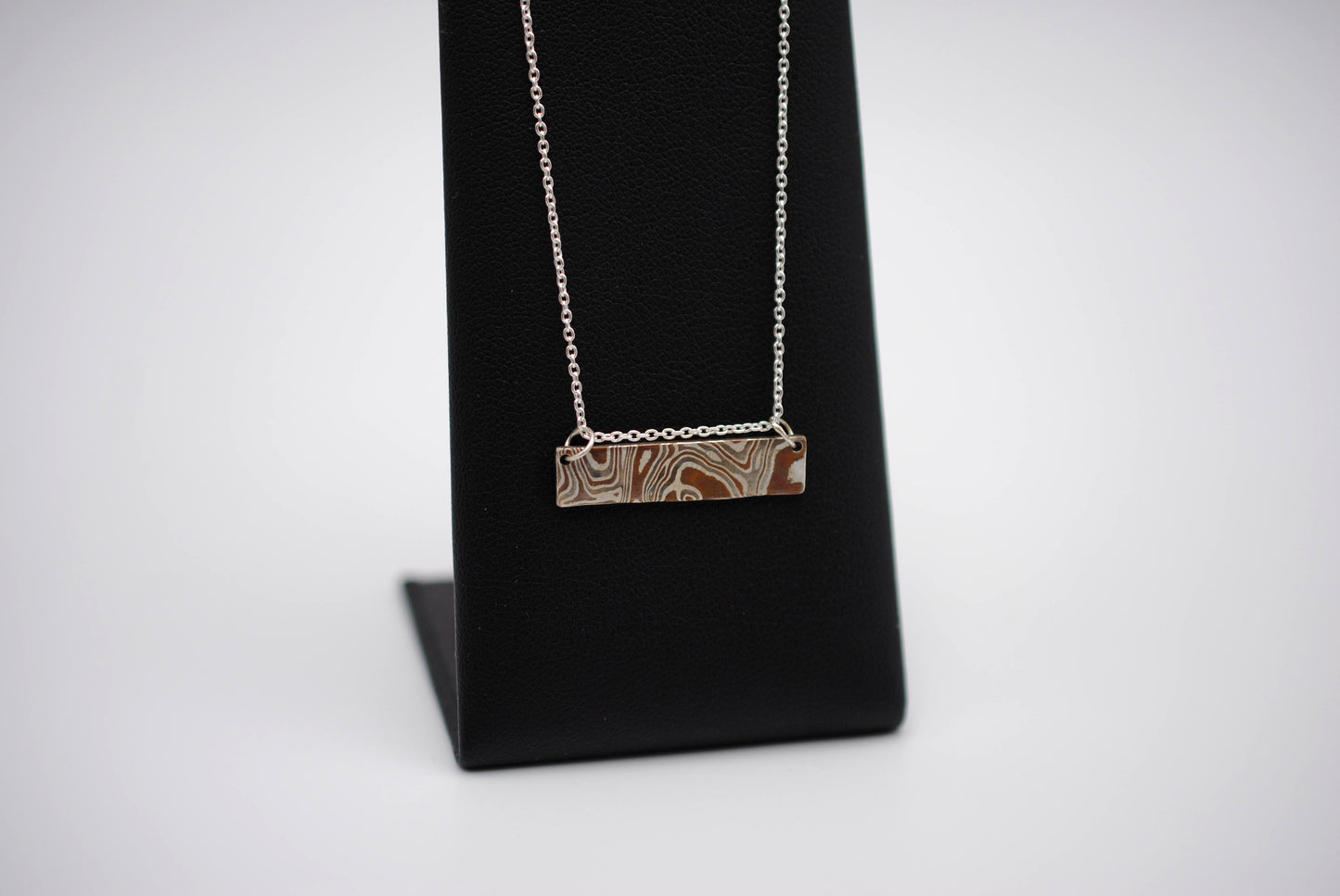 Mokume Gane Bar Necklace: Silver, Copper, and Shibuichi, Cable Chain