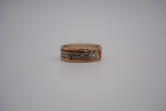 Mokume Gane Ring Band: Silver, Copper, Shibuichi, with Hammered Rose Gold Banding