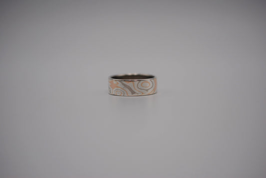 Mokume Gane Ring Band: Palladium White Gold, Rose Gold, and Silver, Medium Width