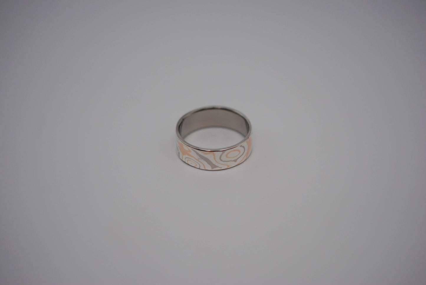 Mokume Gane Ring Band: Palladium White Gold, Rose Gold, and Silver, Medium Width