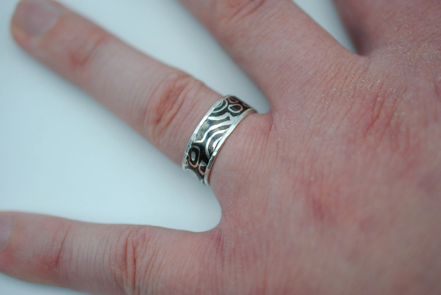 Mokume Gane Ring Band: Silver and Shibuichi, Silver Hammered Banding, Thin Width