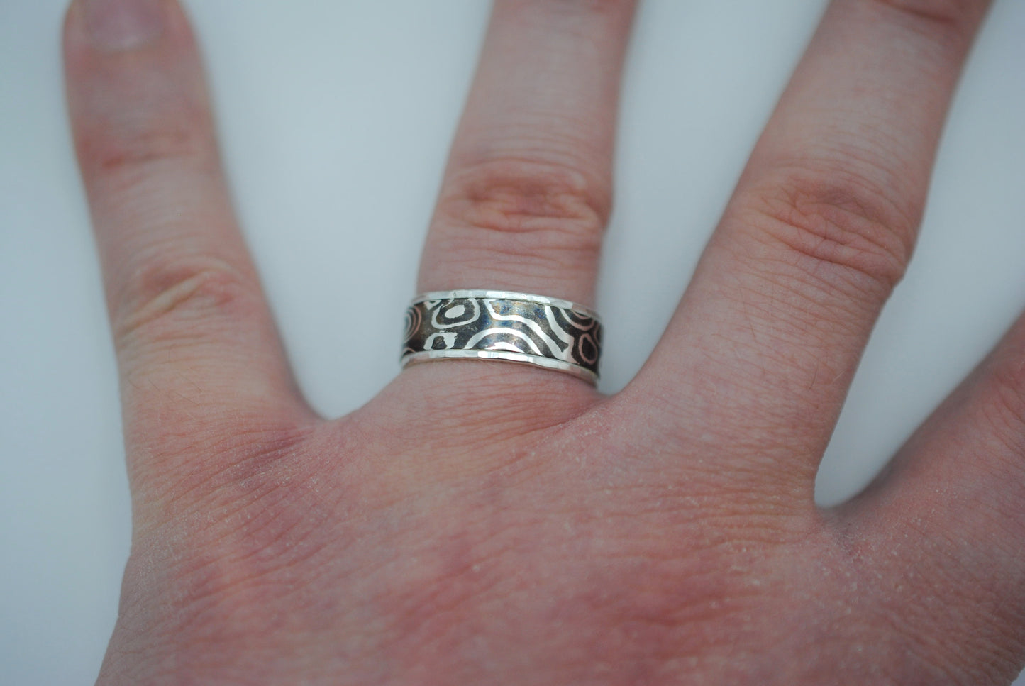 Mokume Gane Ring Band: Silver and Shibuichi, Silver Hammered Banding, Thin Width