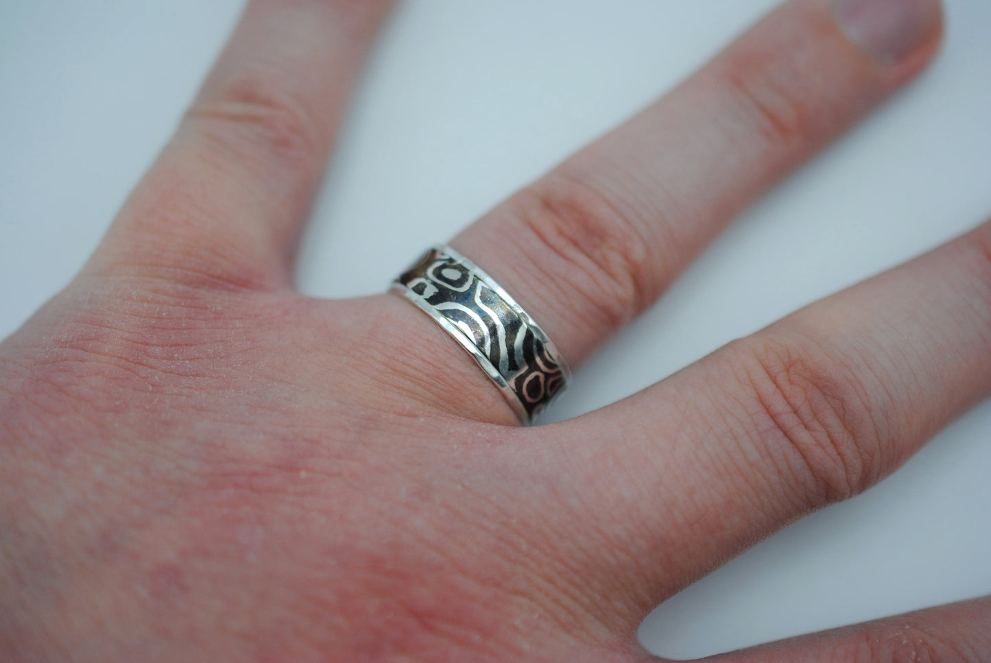 Mokume Gane Ring Band: Silver and Shibuichi, Silver Hammered Banding, Thin Width