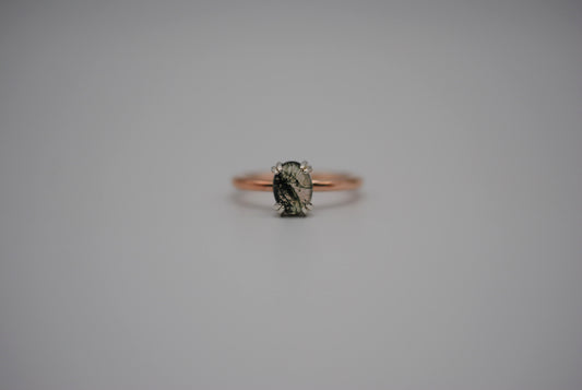 Moss Agate Ring: Oval Cut, Rose Gold Fill Band, Silver Double Prong Setting