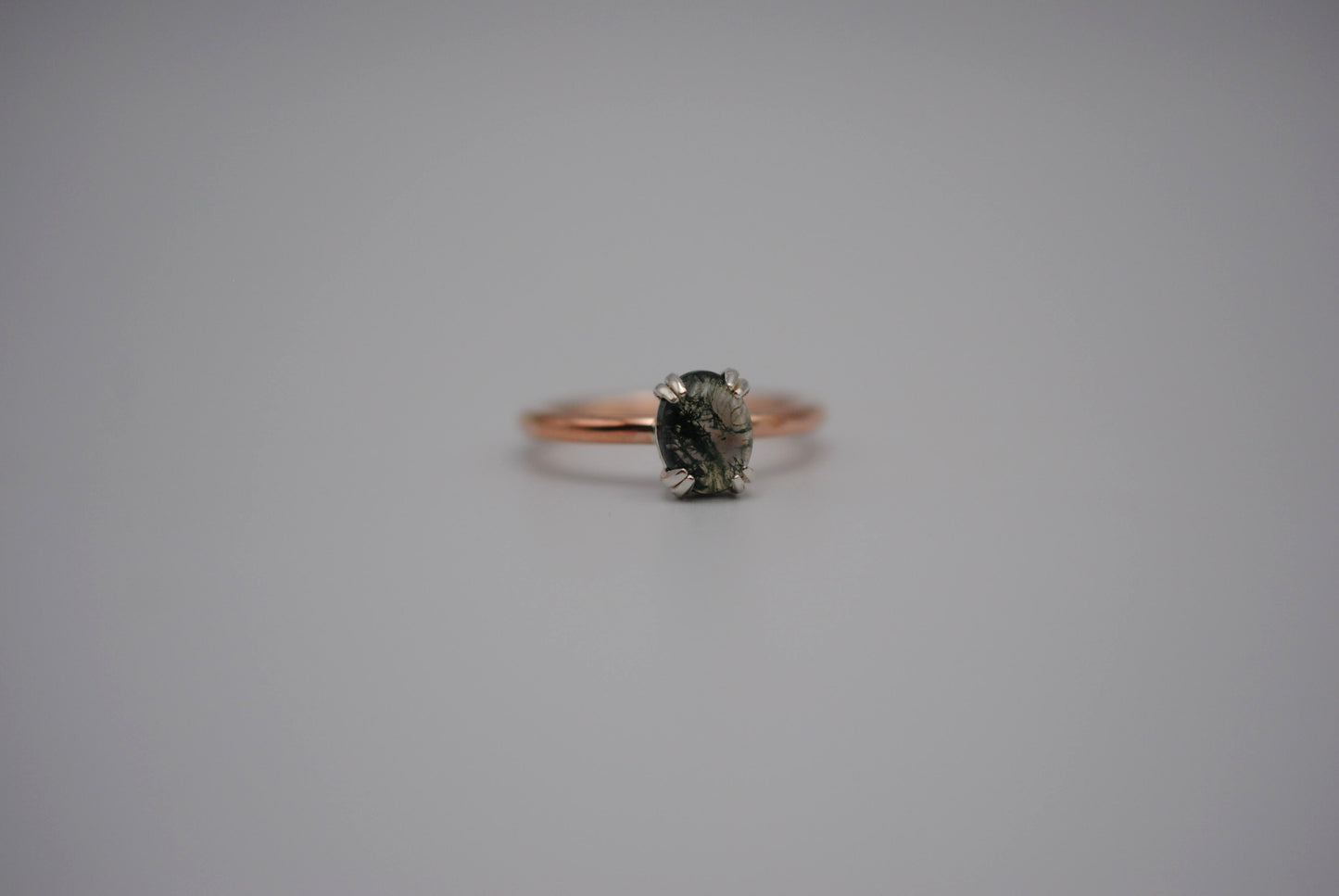 Moss Agate Ring: Oval Cut, Rose Gold Fill Band, Silver Double Prong Setting