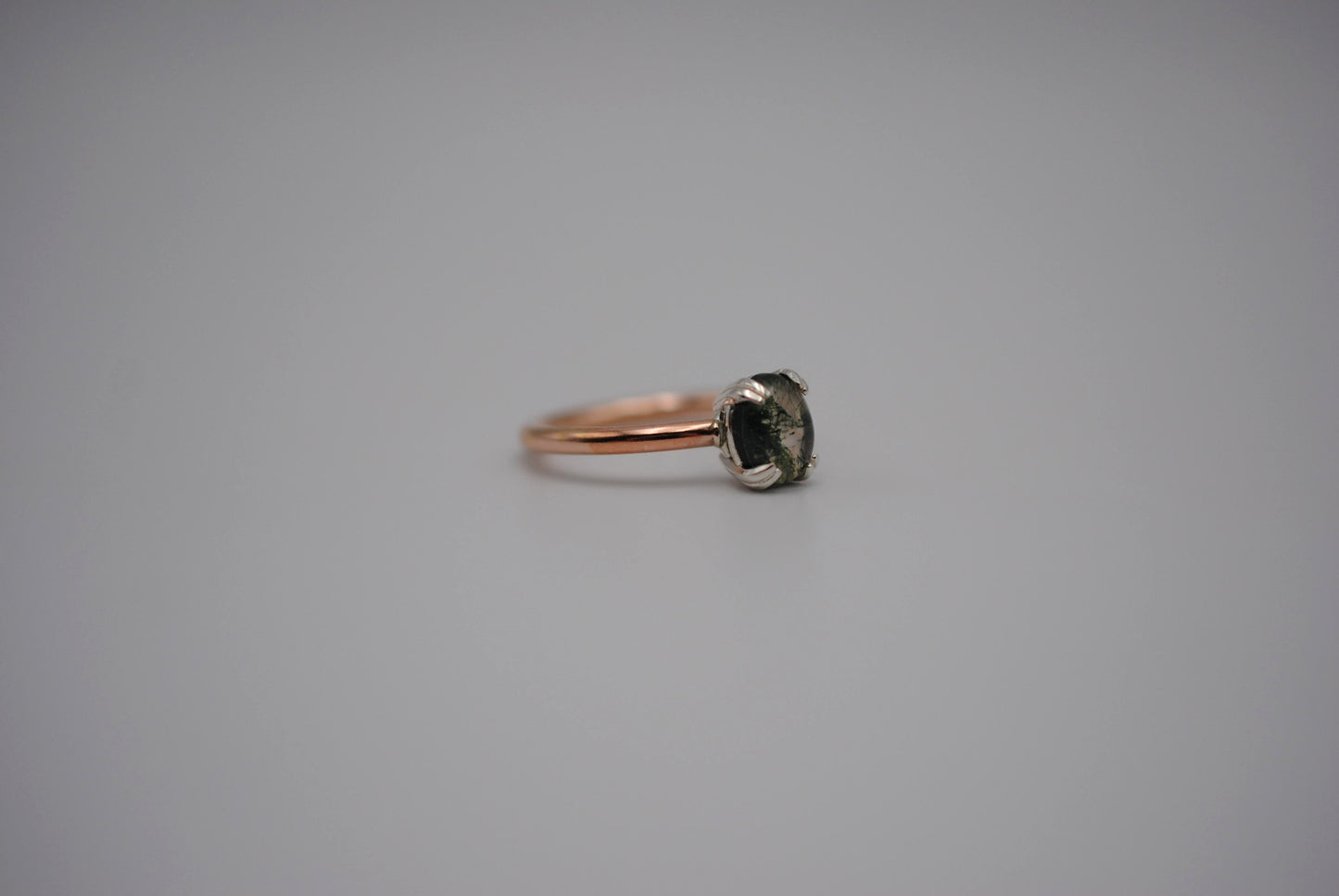 Moss Agate Ring: Oval Cut, Rose Gold Fill Band, Silver Double Prong Setting