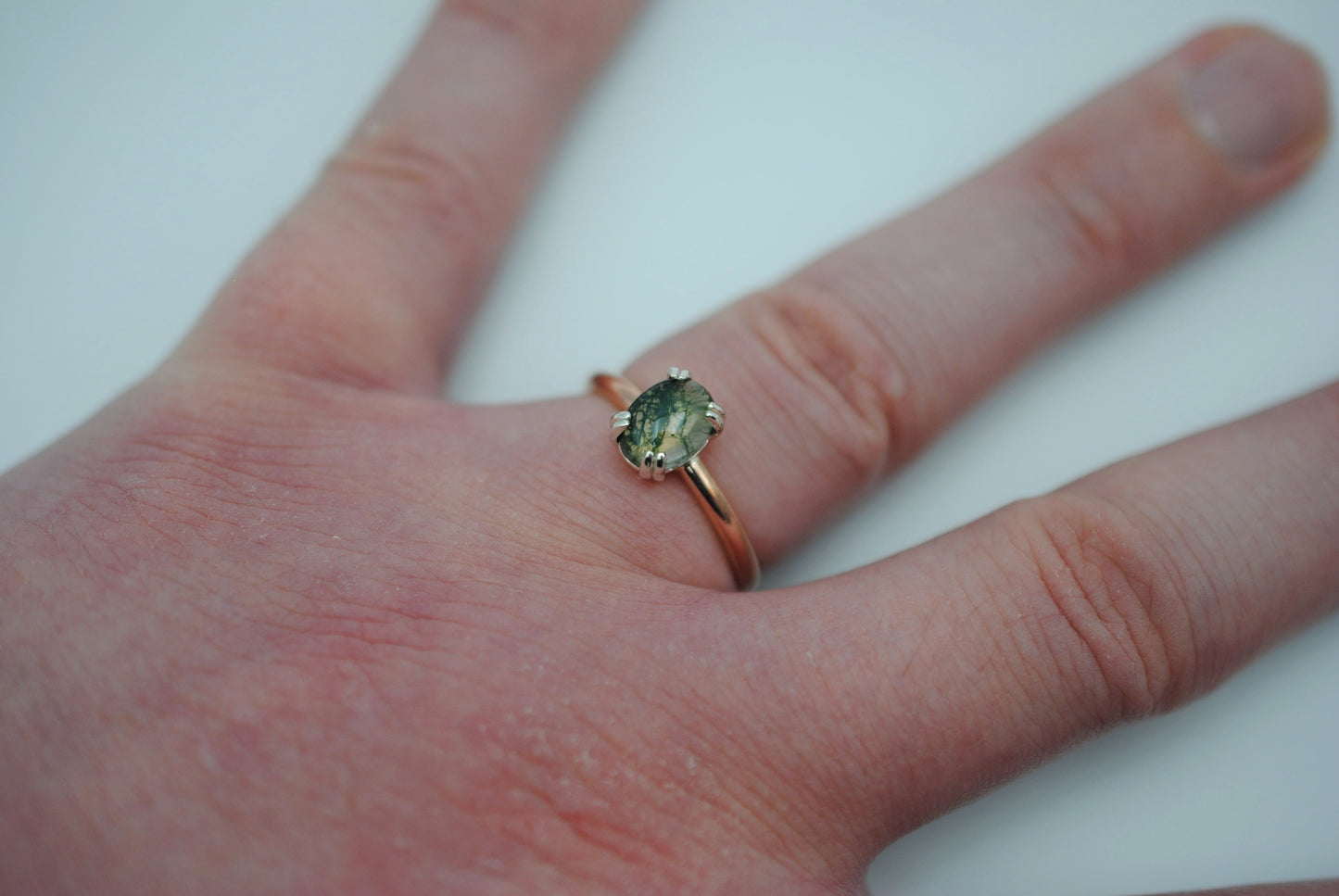 Moss Agate Ring: Oval Cut, Rose Gold Fill Band, Silver Double Prong Setting
