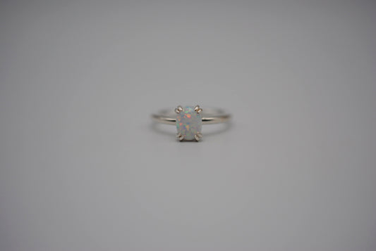 Opal Ring: Oval Cut, Silver, Double Prong Setting