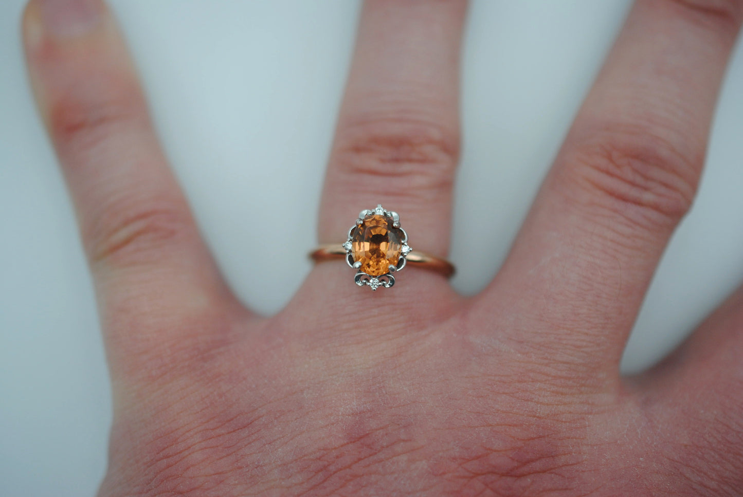 Garnet Ring: Oval Cut, Rose Gold Fill Band, White Gold Vintage Diamond Setting