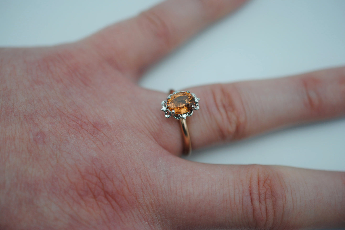 Garnet Ring: Oval Cut, Rose Gold Fill Band, White Gold Vintage Diamond Setting