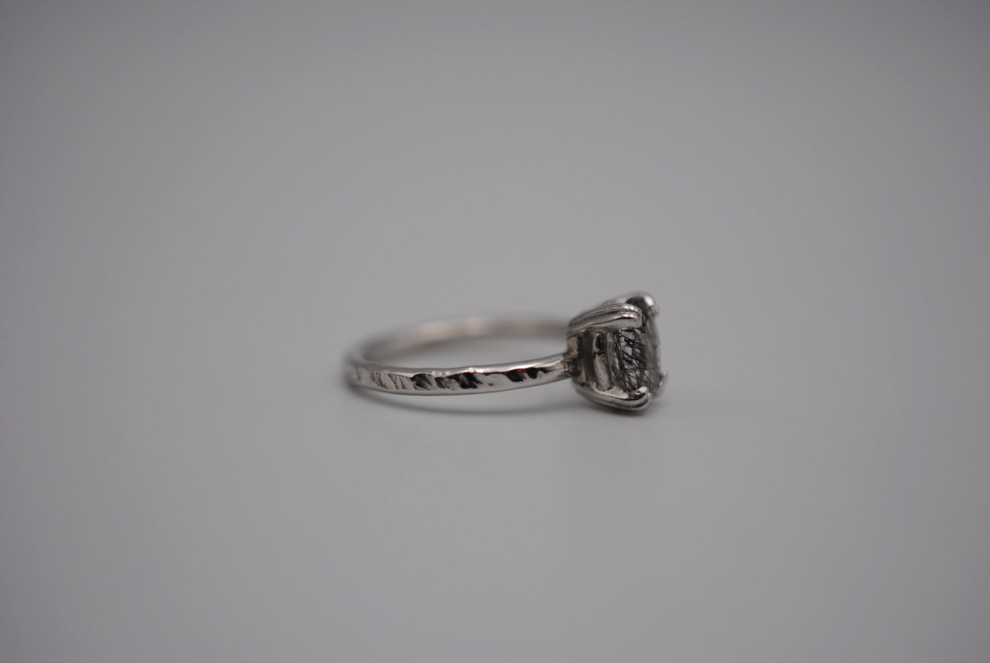 Oval Rutilated Quartz Solitaire Ring on Hammered Band