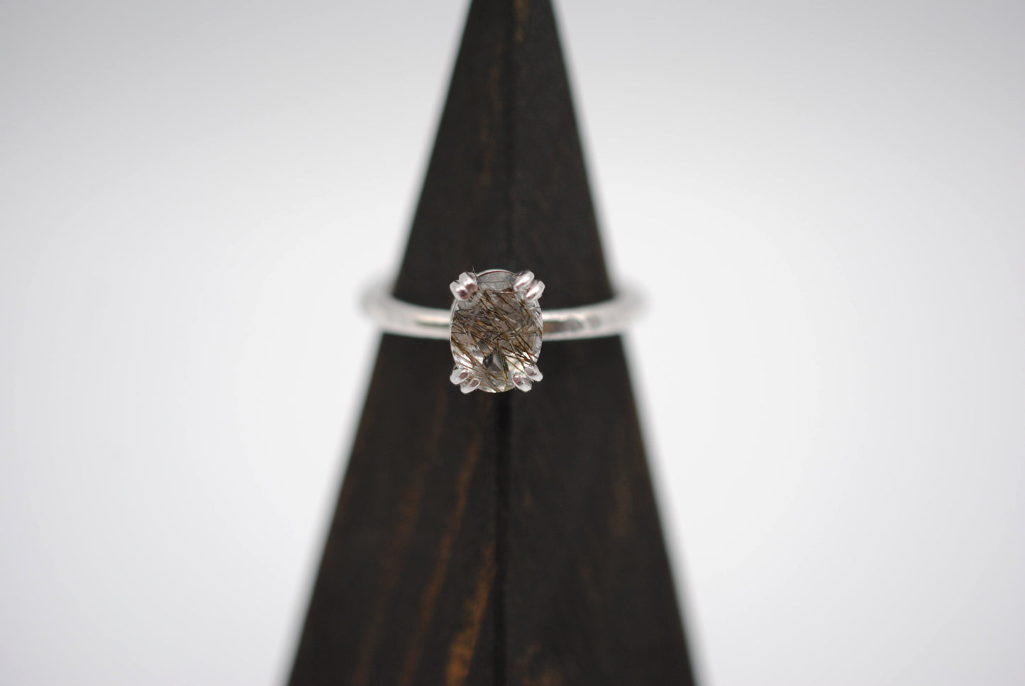 Oval Rutilated Quartz Solitaire Ring on Hammered Band