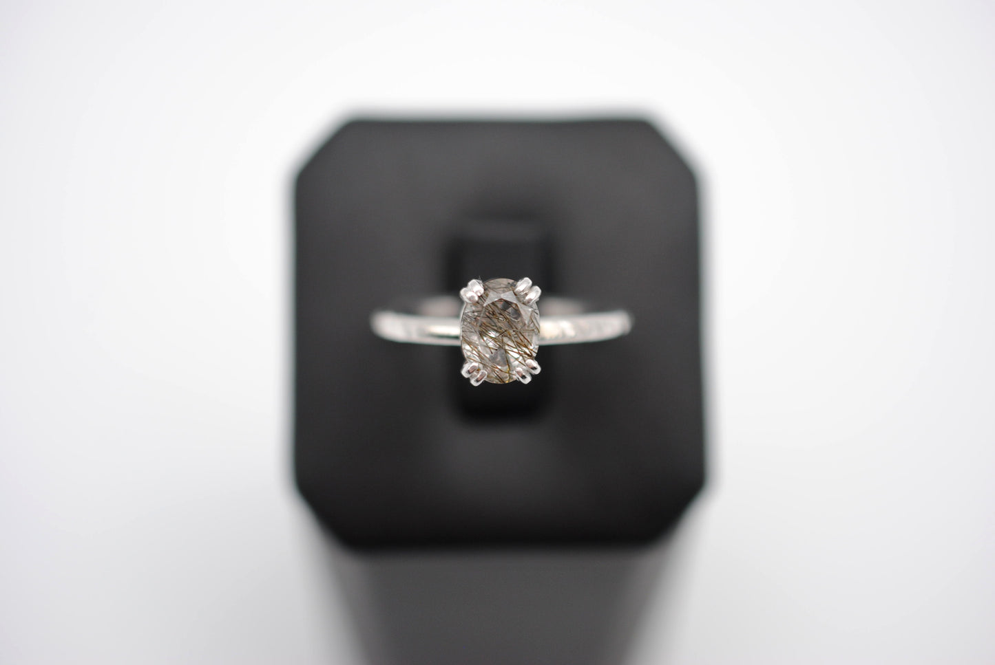 Oval Rutilated Quartz Solitaire Ring on Hammered Band