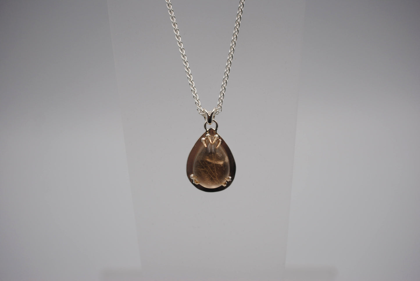 Pear Golden Rutilated Quartz with 14K Yellow Gold Prongs Pendant Necklace on Wheat Chain