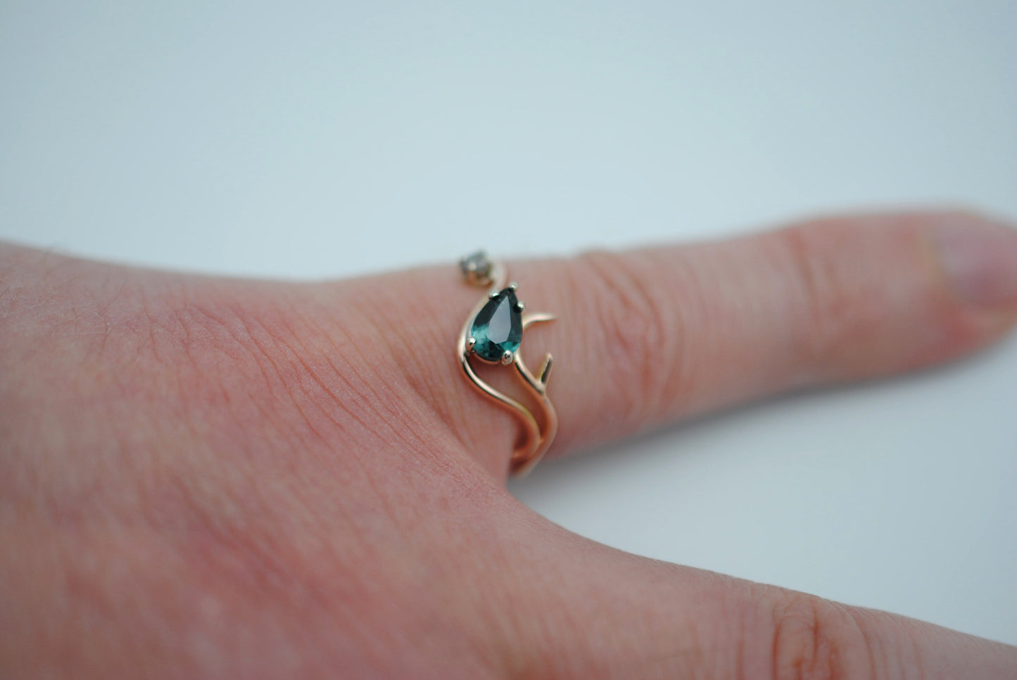 Indicolite Tourmaline and Raw Diamond Ring on 14K Rose Gold Roots Band
