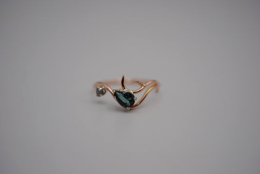 Indicolite Tourmaline and Raw Diamond Ring on 14K Rose Gold Roots Band