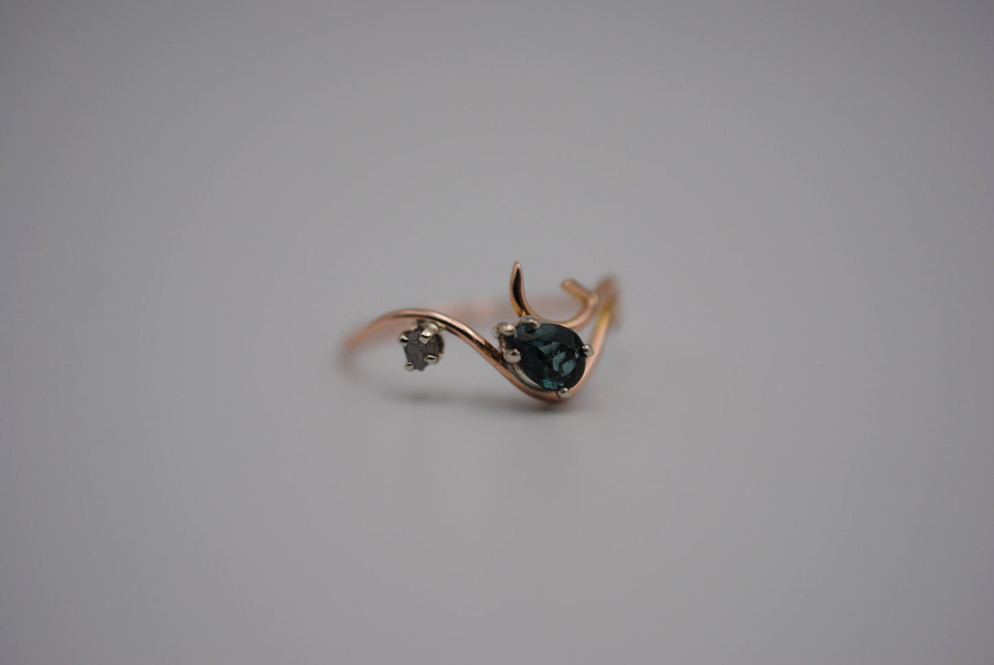 Indicolite Tourmaline and Raw Diamond Ring on 14K Rose Gold Roots Band