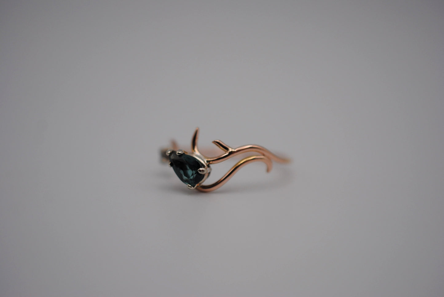 Indicolite Tourmaline and Raw Diamond Ring on 14K Rose Gold Roots Band