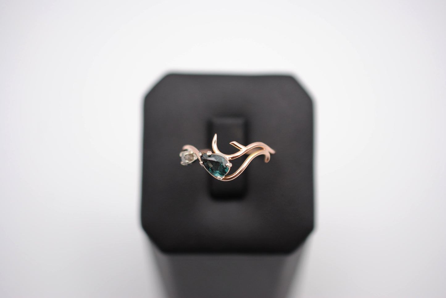 Indicolite Tourmaline and Raw Diamond Ring on 14K Rose Gold Roots Band