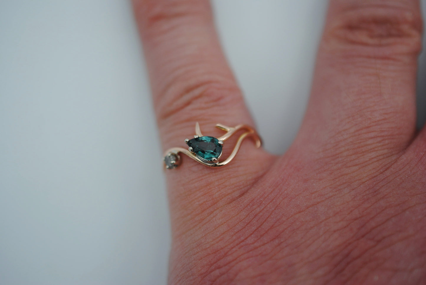Indicolite Tourmaline and Raw Diamond Ring on 14K Rose Gold Roots Band