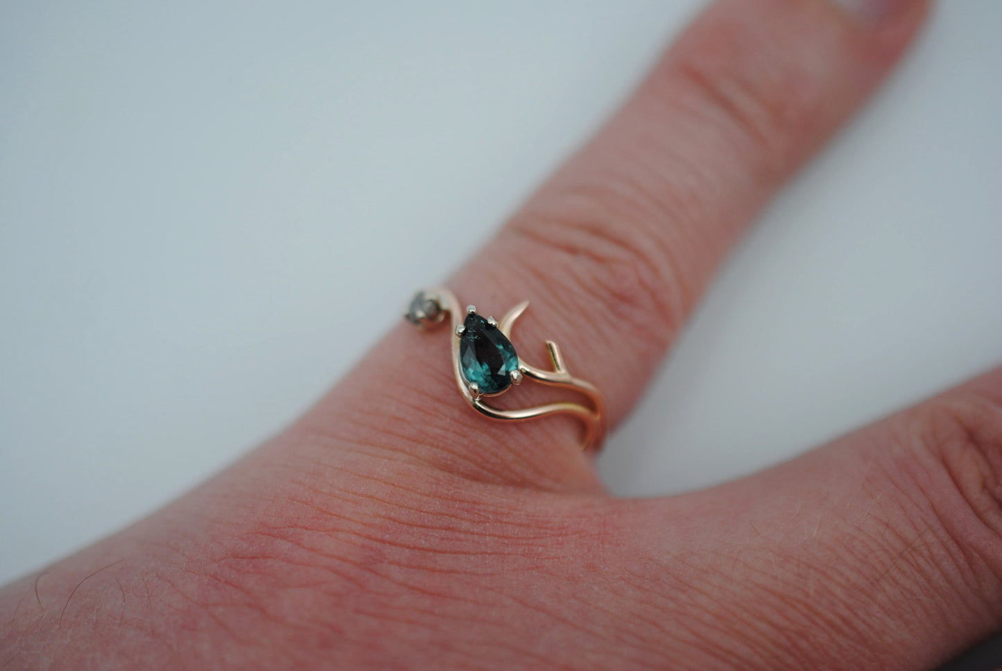 Indicolite Tourmaline and Raw Diamond Ring on 14K Rose Gold Roots Band