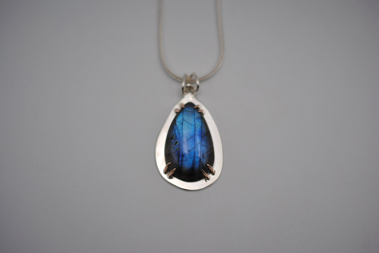 Pear Labradorite with 14K Rose Gold Prongs Pendant Necklace on a Thin Foxtail Chain