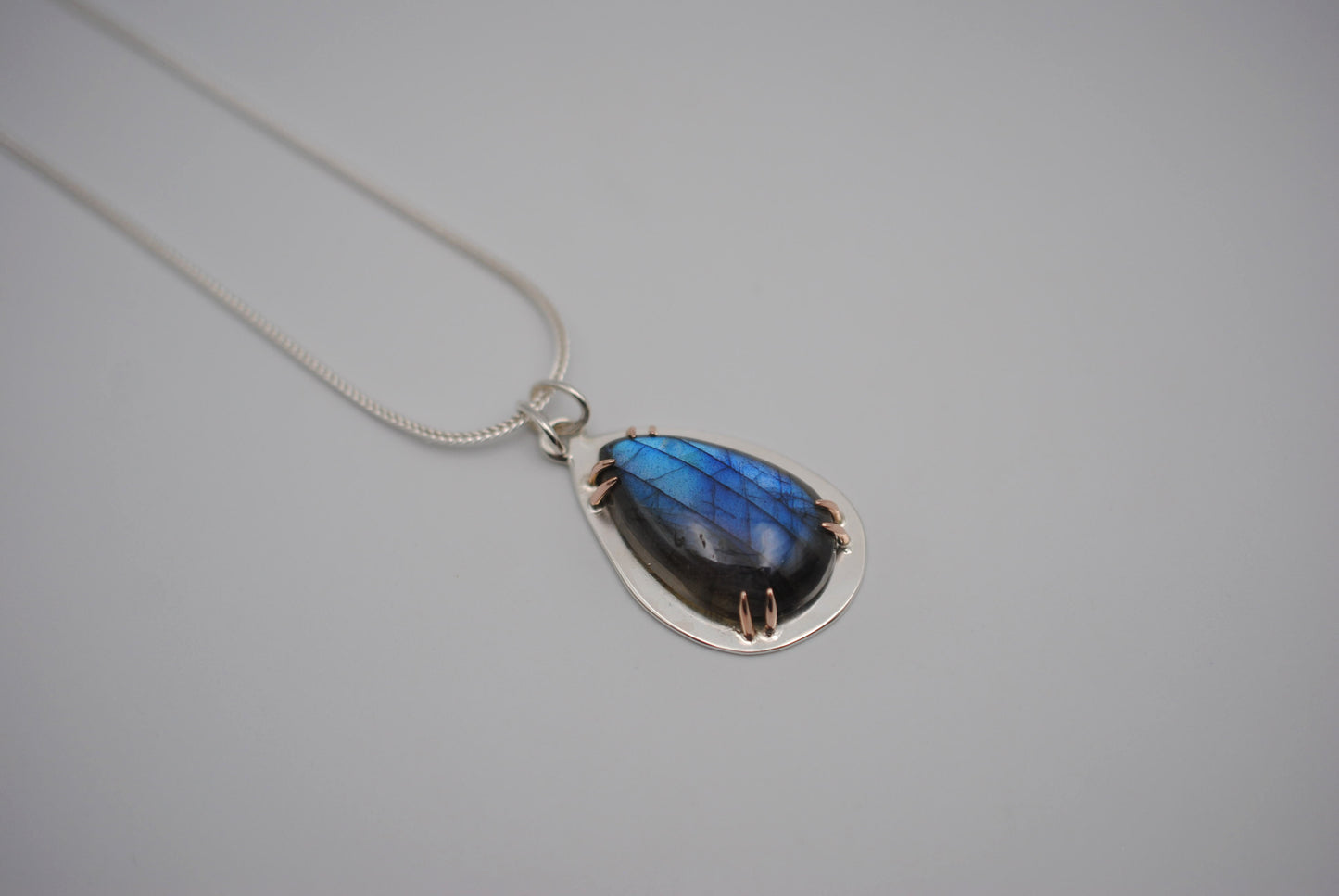 Pear Labradorite with 14K Rose Gold Prongs Pendant Necklace on a Thin Foxtail Chain