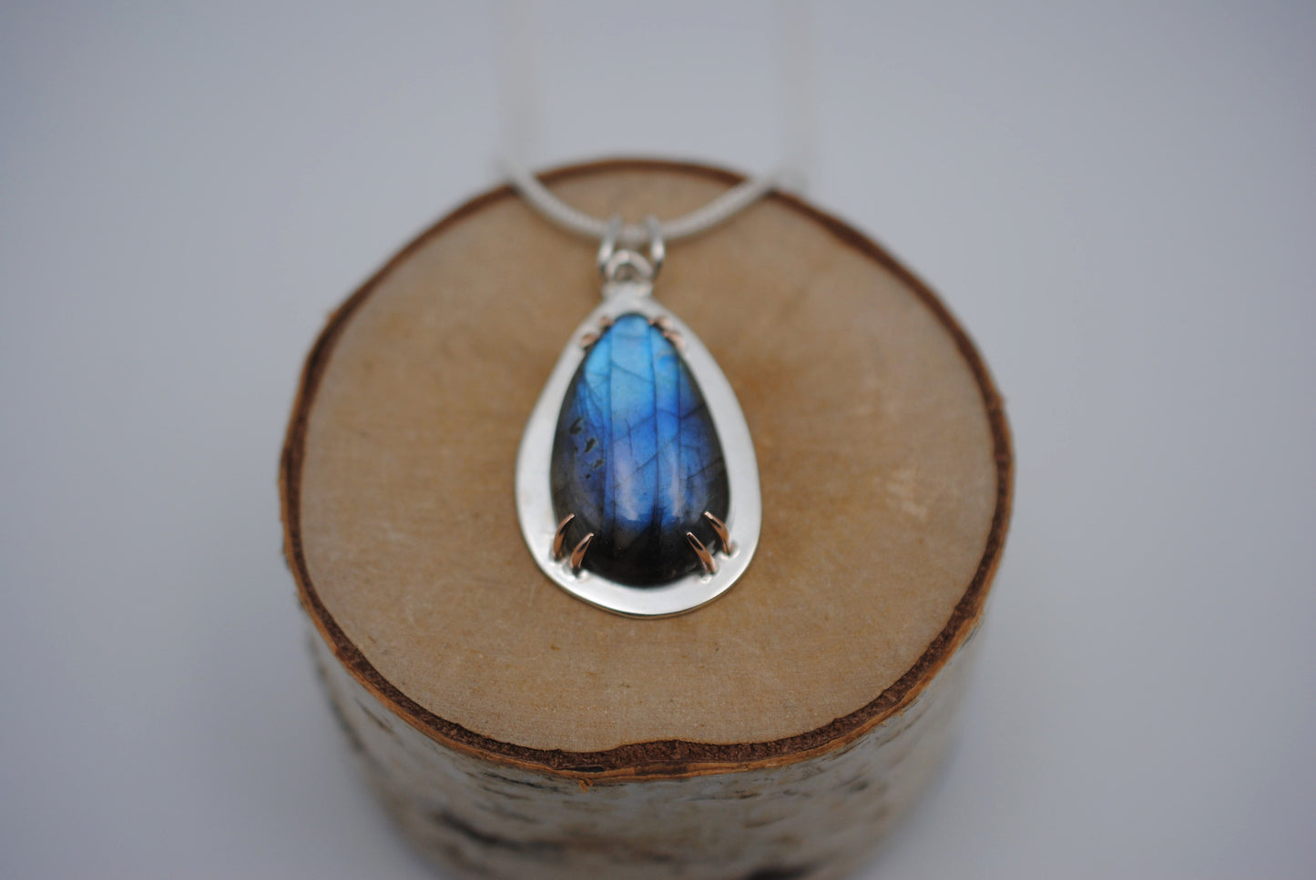 Pear Labradorite with 14K Rose Gold Prongs Pendant Necklace on a Thin Foxtail Chain