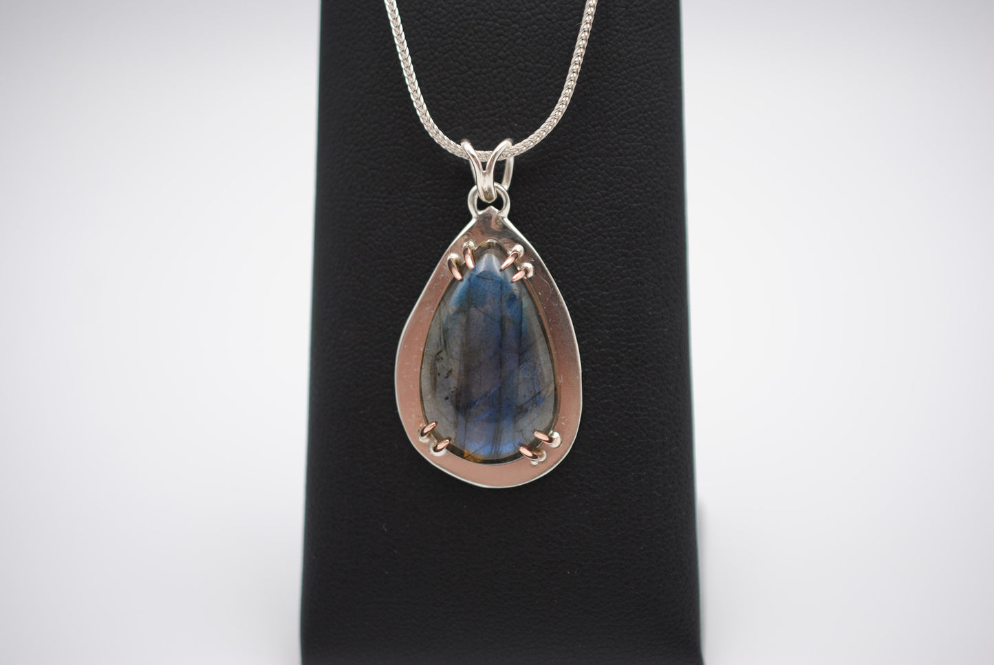 Pear Labradorite with 14K Rose Gold Prongs Pendant Necklace on a Thin Foxtail Chain