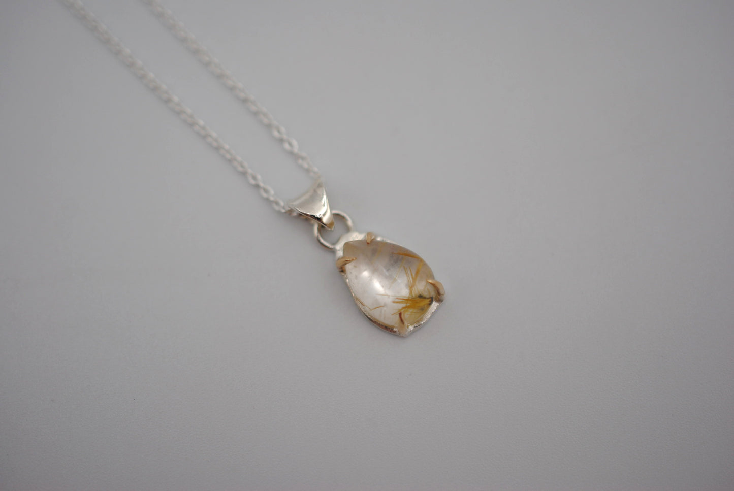 Pear Golden Rutilated Quartz with Yellow Gold Setting Pendant Necklace on a Cable Chain