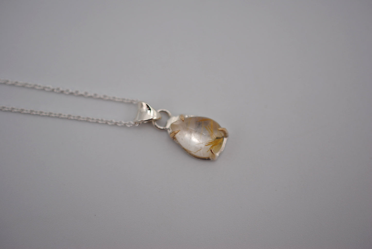 Pear Golden Rutilated Quartz with Yellow Gold Setting Pendant Necklace on a Cable Chain